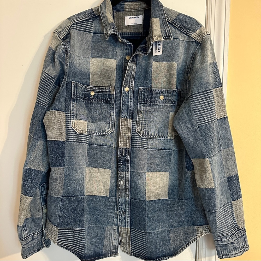 NWT Old Navy Denim Patchwork Shirt Men L - Picture 6 of 7